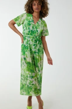 Pleated Wrap Tropical Jumpsuit