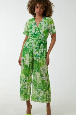 Pleated Wrap Tropical Jumpsuit