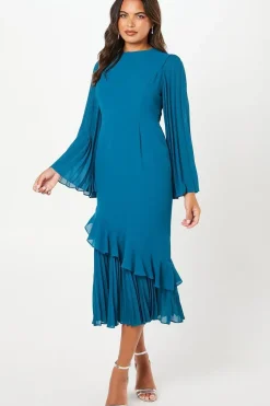 Pleat Mix Long Sleeve Midaxi Wedding Guest Dress