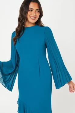 Pleat Mix Long Sleeve Midaxi Wedding Guest Dress