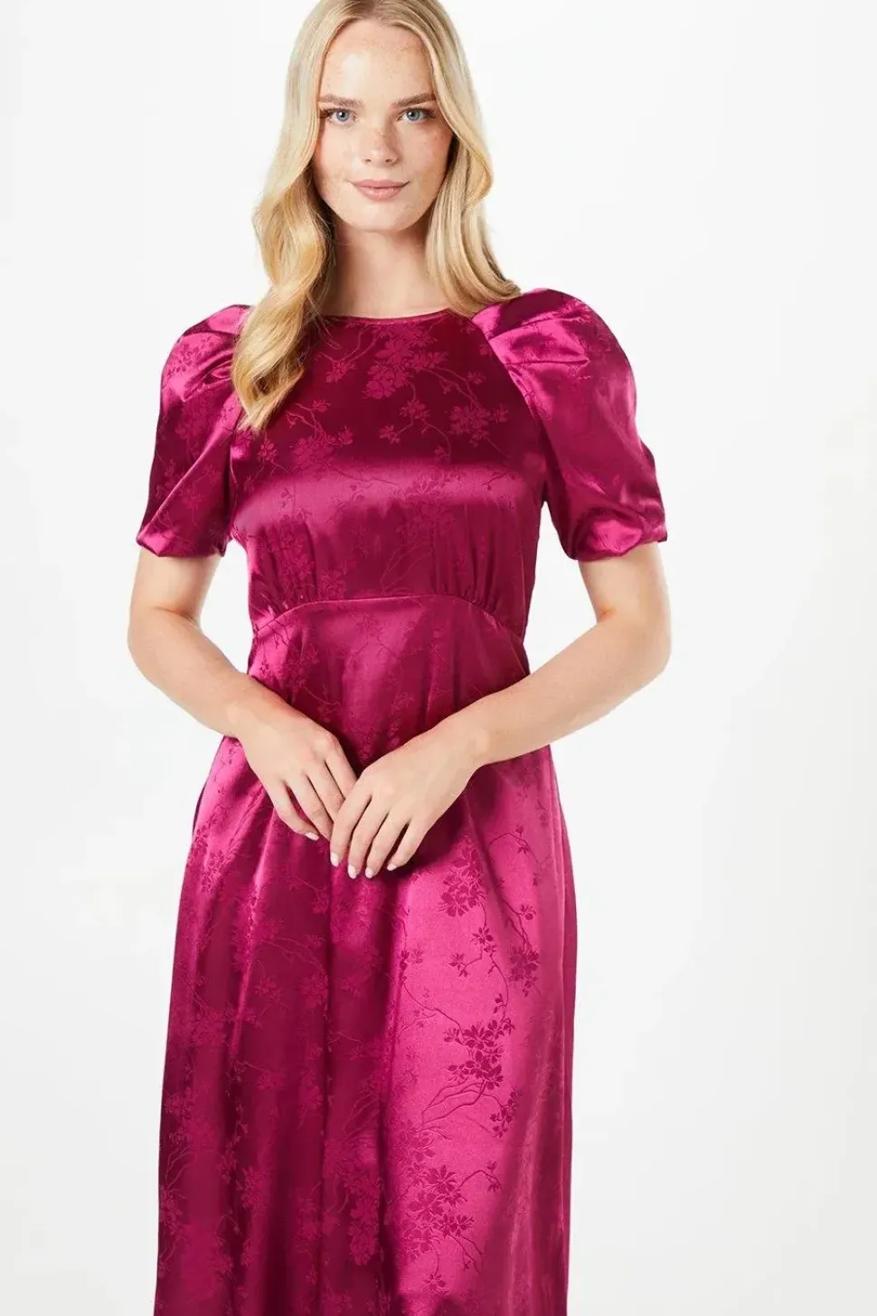 Pleat Sleeve Jacquard Satin Midi Dress