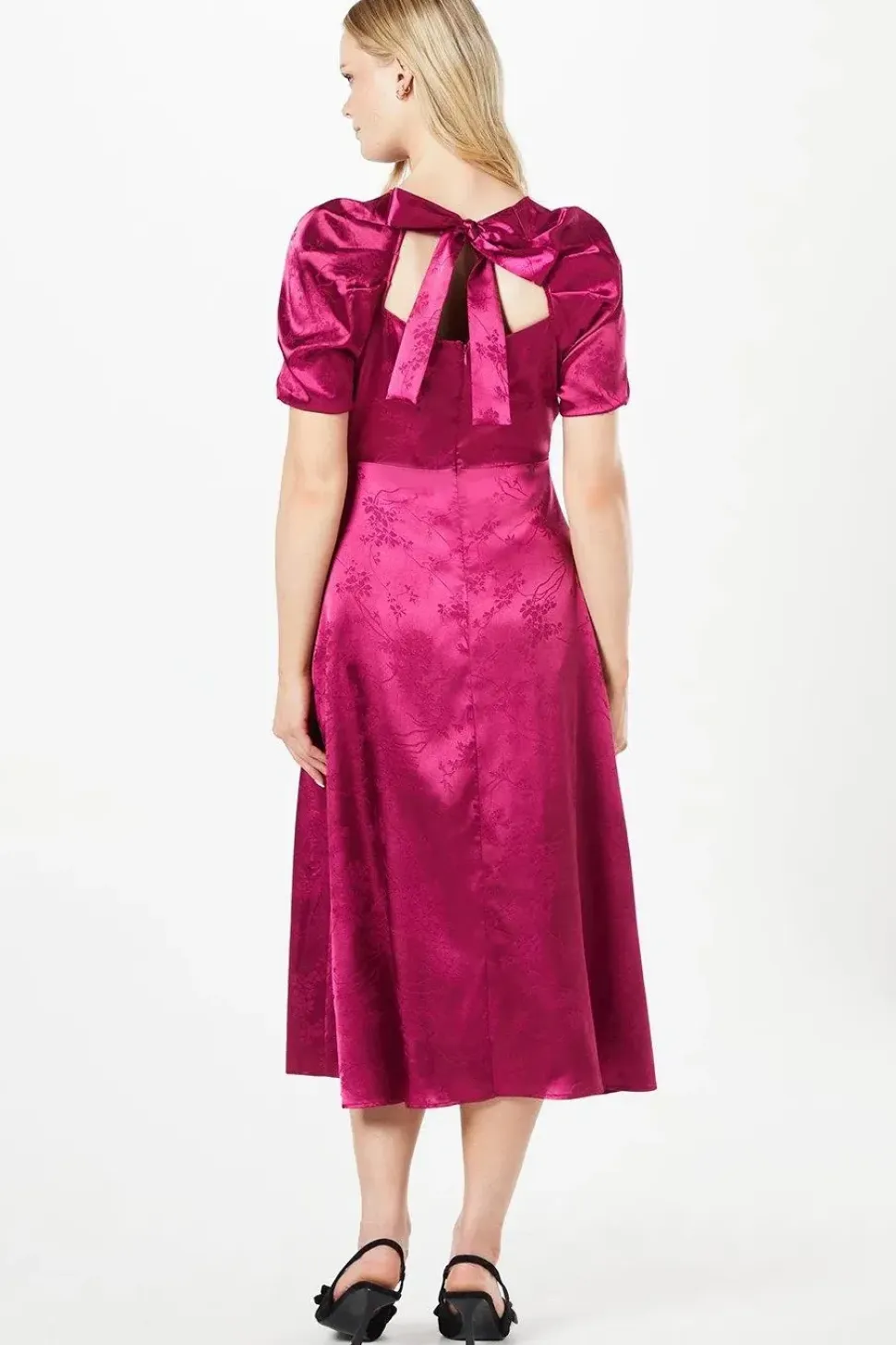 Pleat Sleeve Jacquard Satin Midi Dress