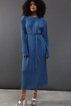 Plisse Belted Column Midi Dress
