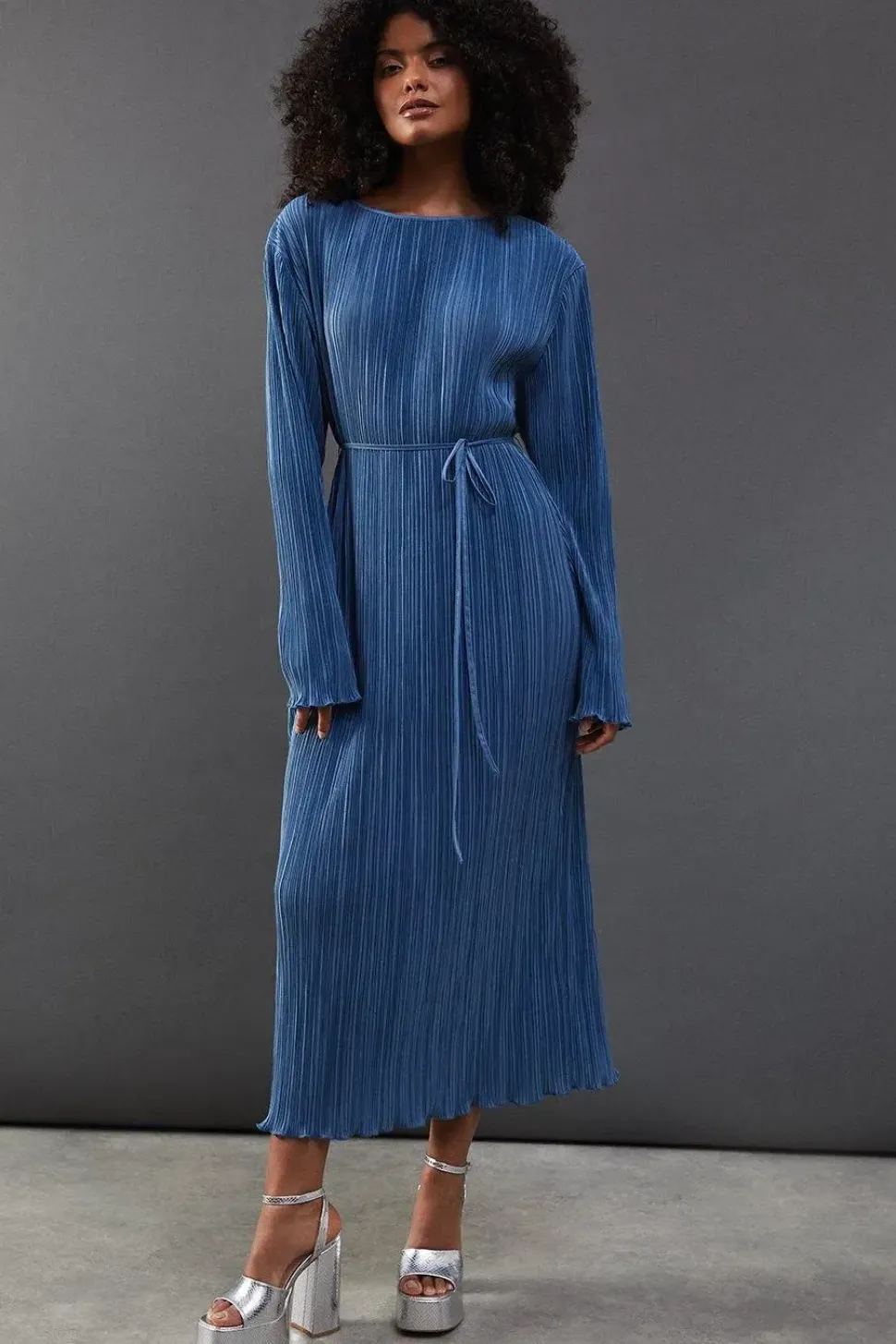 Plisse Belted Column Midi Dress