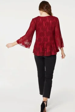 Plisse Pleated 3/4 Sleeve Blouse