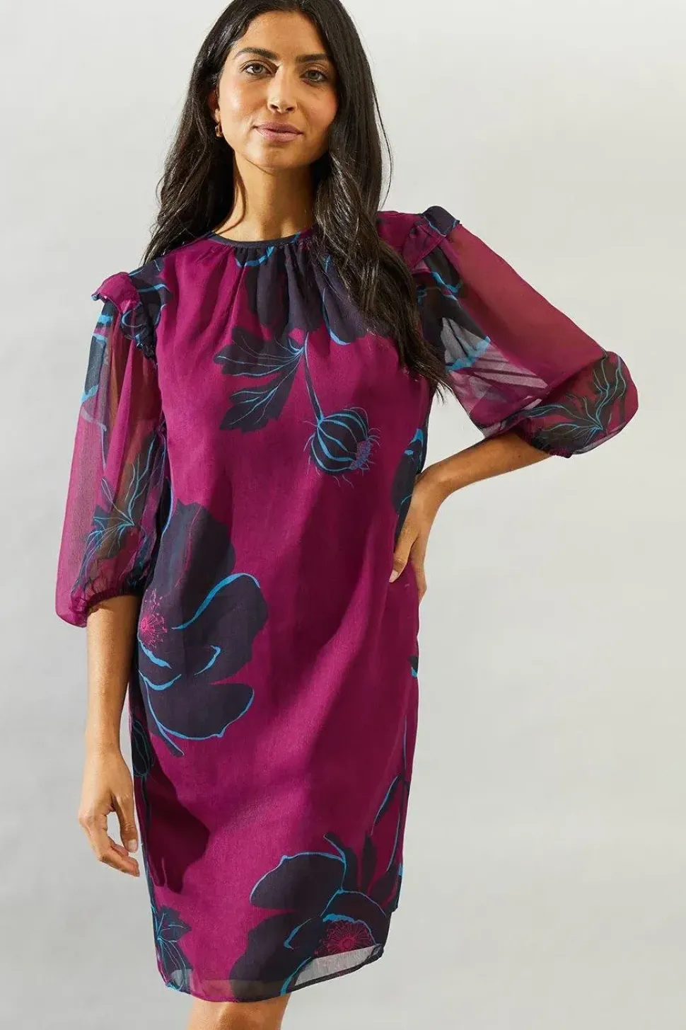 Plum Stencil Floral Volume Sleeve Shift Dress