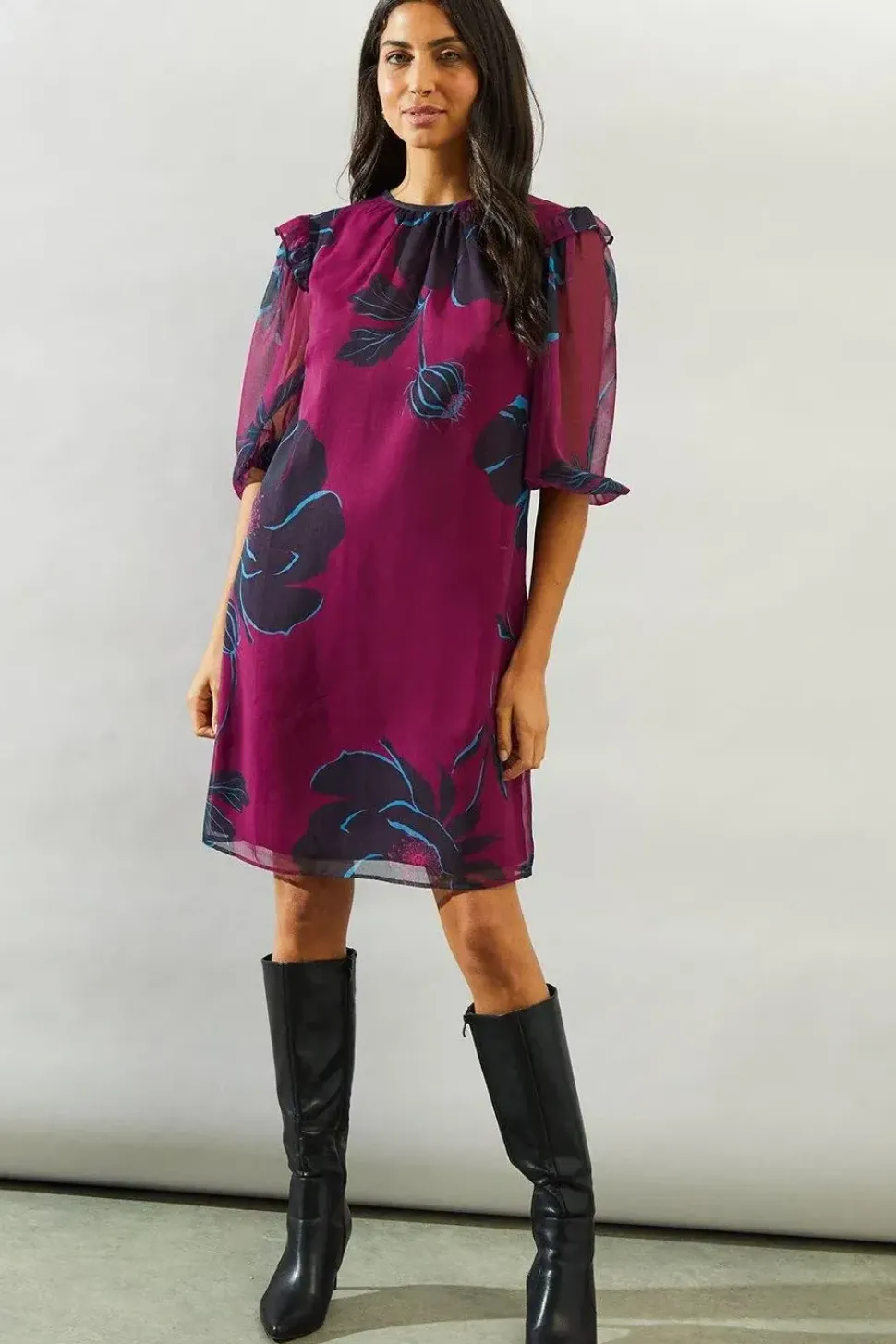 Plum Stencil Floral Volume Sleeve Shift Dress