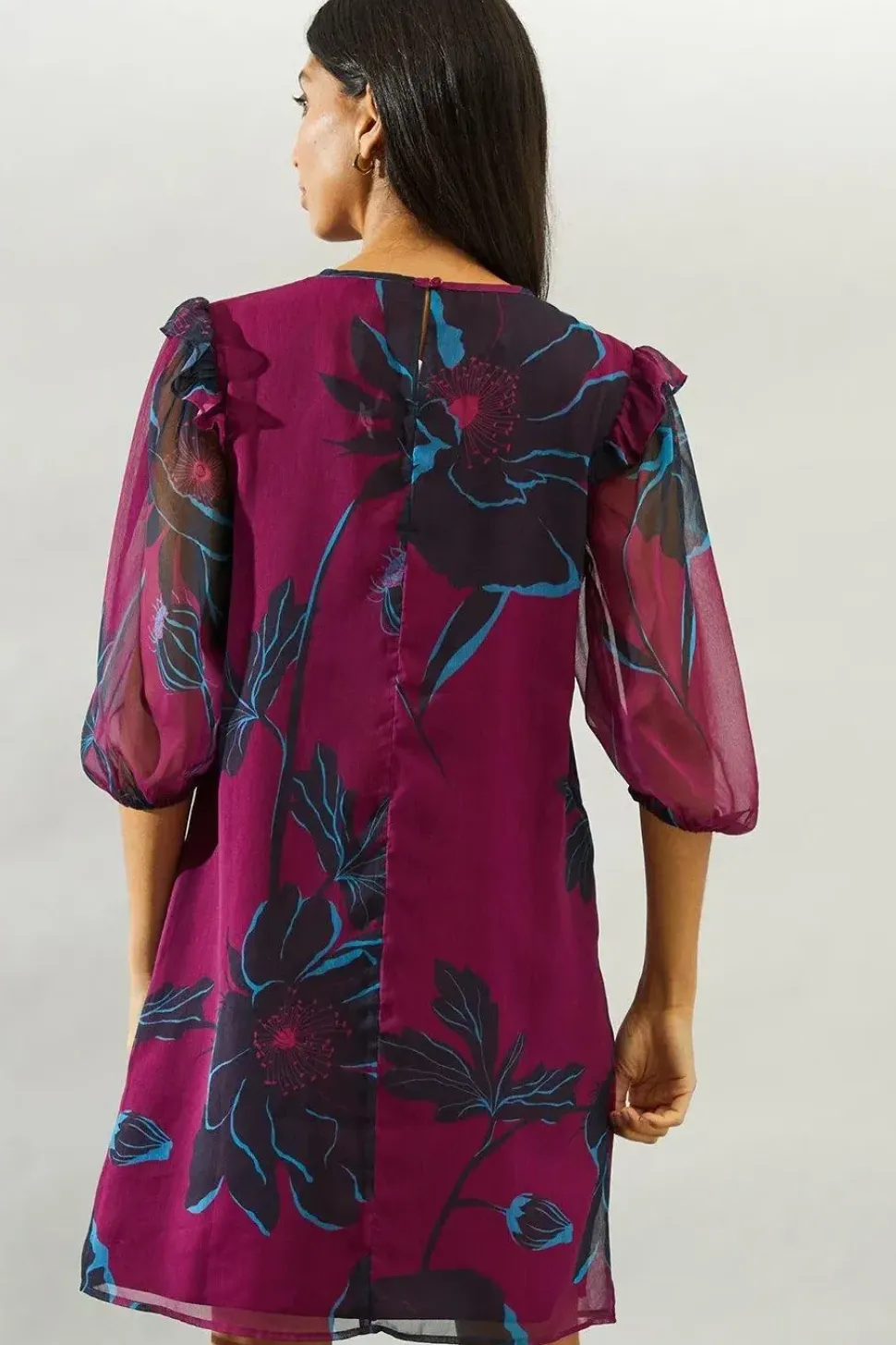 Plum Stencil Floral Volume Sleeve Shift Dress