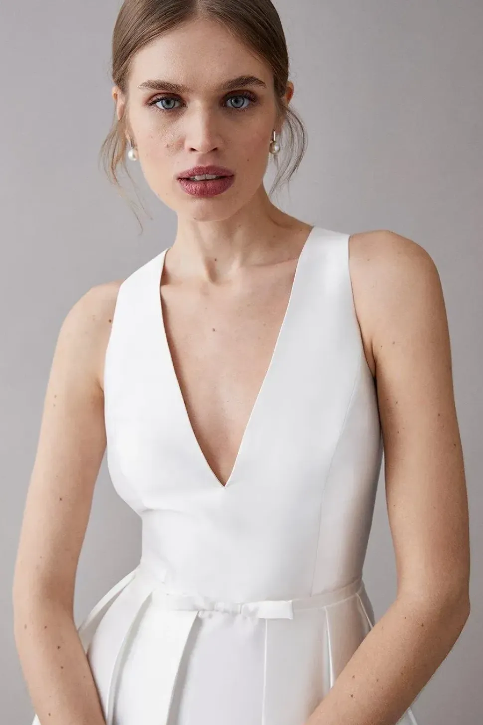 Plunge Neck Bow Waist Twill Maxi Dress With Pockets