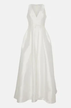 Plunge Neck Bow Waist Twill Maxi Dress With Pockets