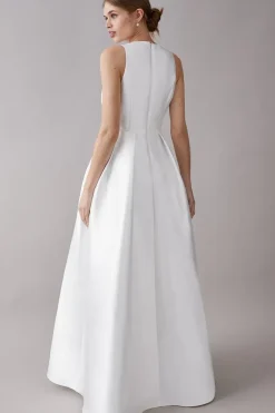 Plunge Neck Bow Waist Twill Maxi Dress With Pockets