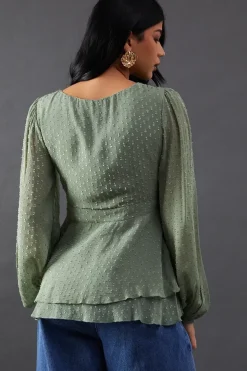 Plunge Neck Dobby Chiffon Double Layer Blouse