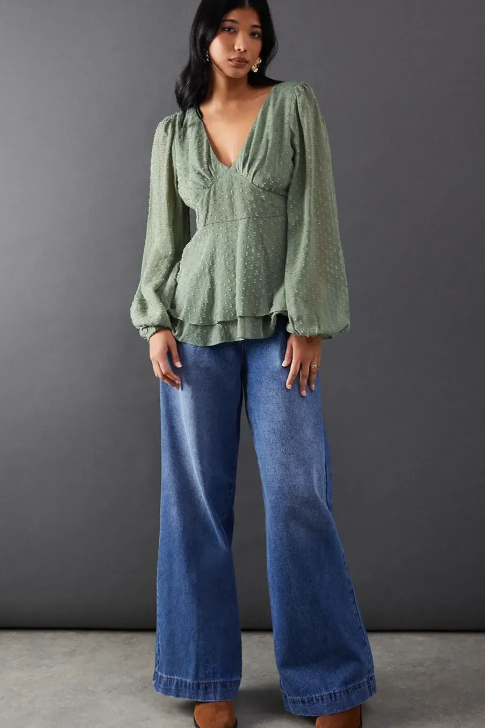 Plunge Neck Dobby Chiffon Double Layer Blouse