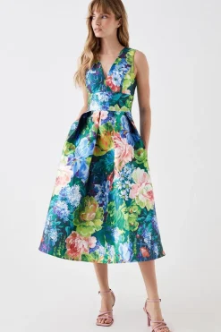Plunge Neck Midi Dress In Printed Twill