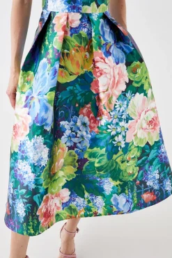 Plunge Neck Midi Dress In Printed Twill