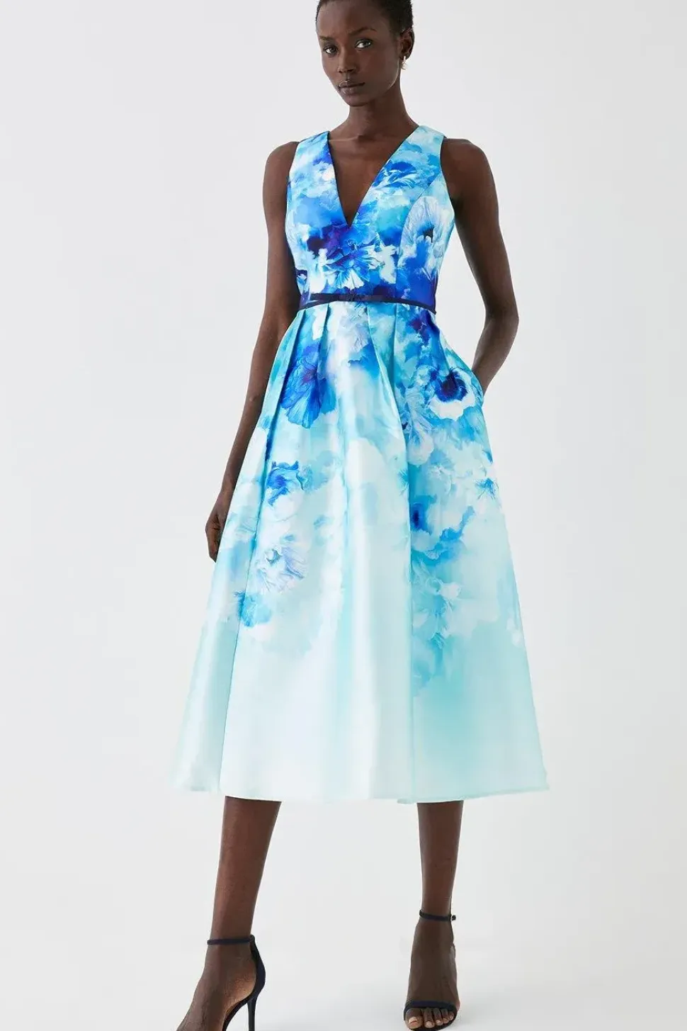 Plunge Neck Midi Dress With Bow Waist