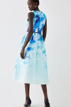 Plunge Neck Midi Dress With Bow Waist