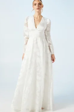 Plunge Neck Organza Jacquard Blouson Sleeve Wedding Dress