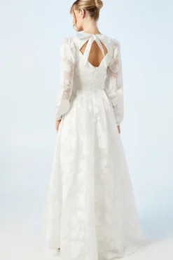 Plunge Neck Organza Jacquard Blouson Sleeve Wedding Dress