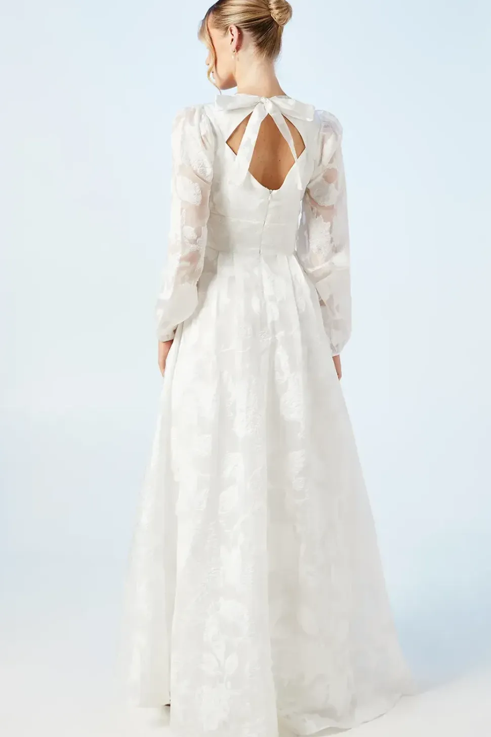 Plunge Neck Organza Jacquard Blouson Sleeve Wedding Dress