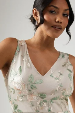Plunge Neck Rose Embroidered Bridesmaid Dress
