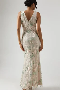 Plunge Neck Rose Embroidered Bridesmaid Dress