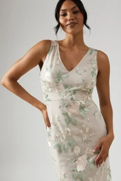 Plunge Neck Rose Embroidered Bridesmaid Dress