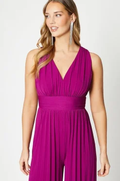 Plunge Neck Slinky Jersey Pleated Jumpsuit