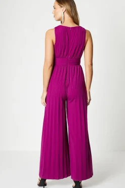 Plunge Neck Slinky Jersey Pleated Jumpsuit