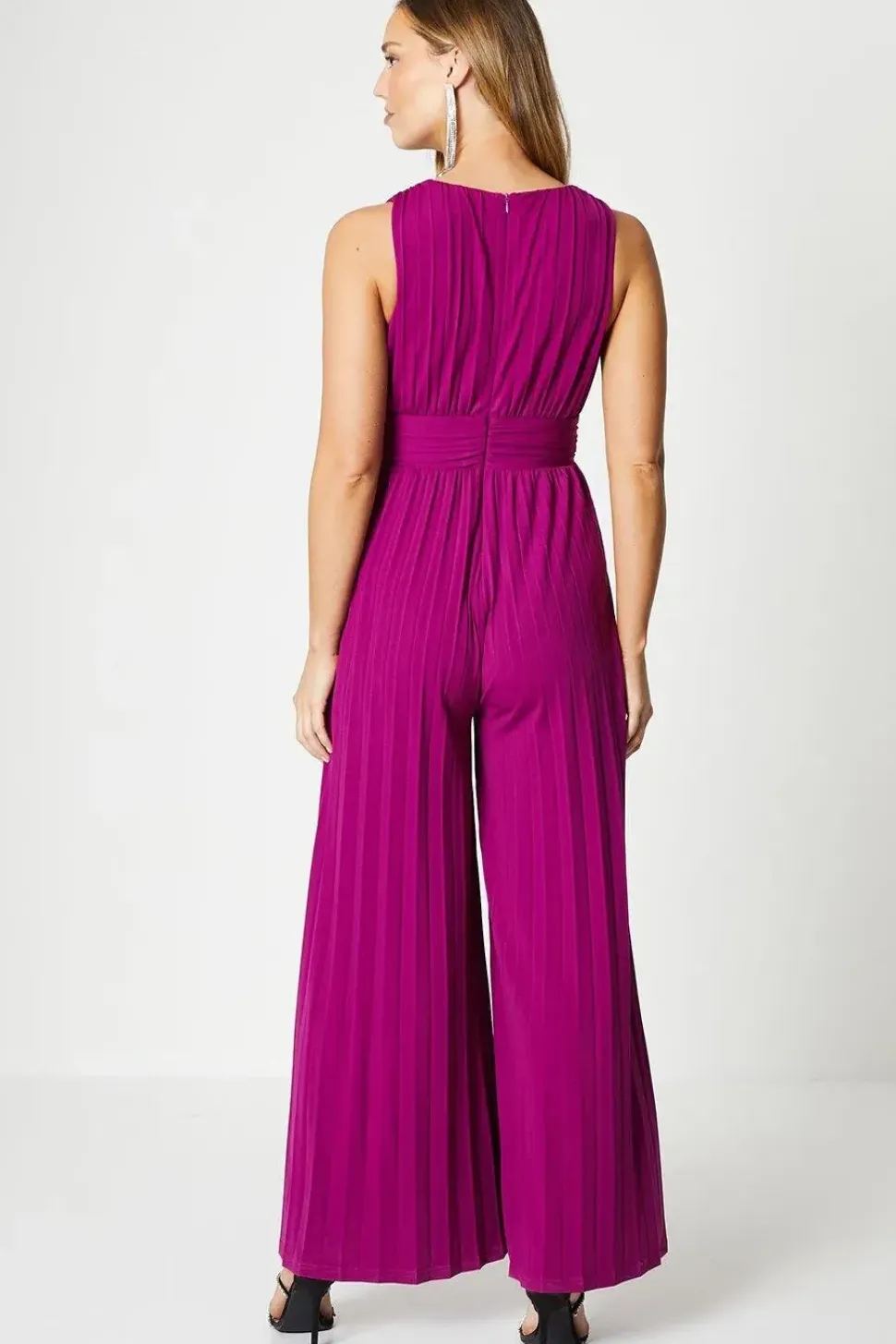 Plunge Neck Slinky Jersey Pleated Jumpsuit