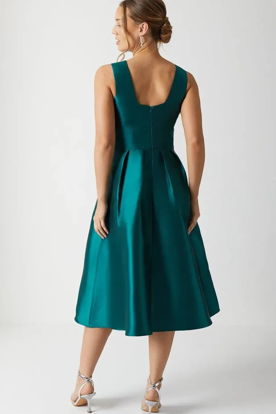 Plunge Neck Structured Twill Midi Bridesmaid Dress