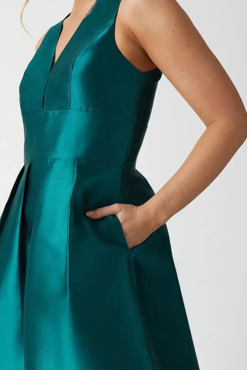 Plunge Neck Structured Twill Midi Bridesmaid Dress