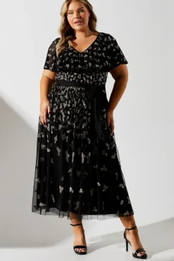 Plus Cape Detail Embellished Midi Dress