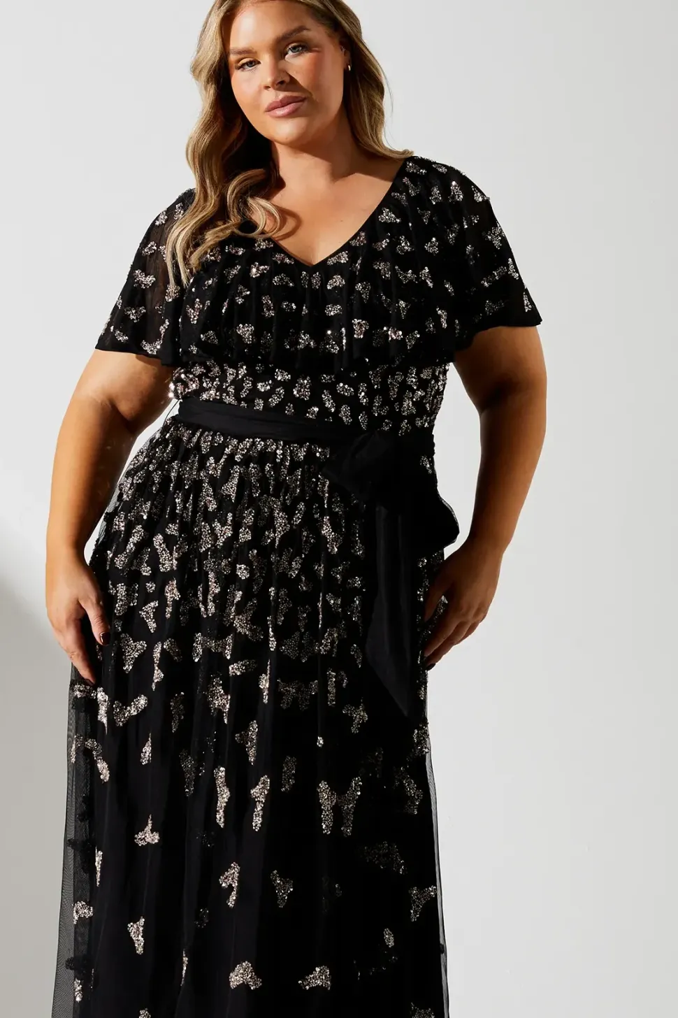 Plus Cape Detail Embellished Midi Dress