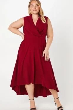 Plus Collared Wrap Bodice Drape Crepe Midi Wedding Guest Dress