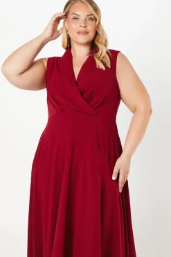 Plus Collared Wrap Bodice Drape Crepe Midi Wedding Guest Dress