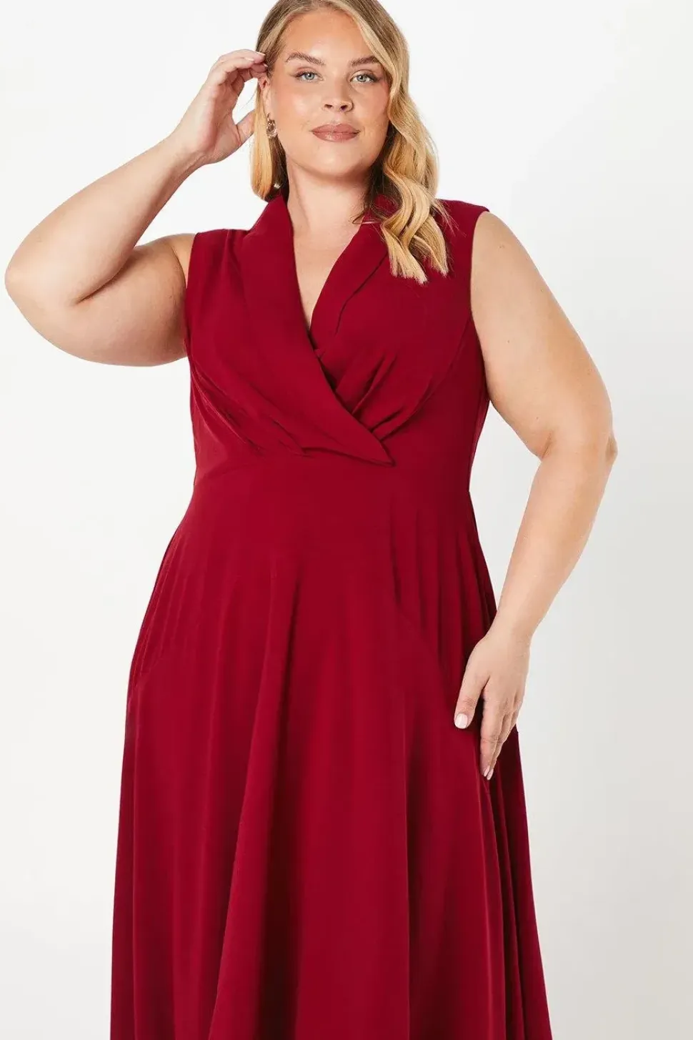 Plus Collared Wrap Bodice Drape Crepe Midi Wedding Guest Dress