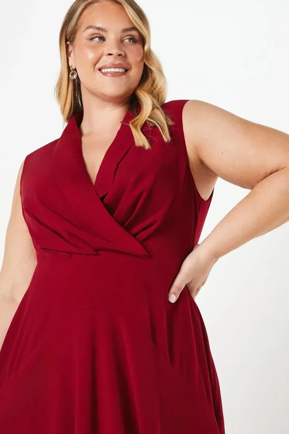 Plus Collared Wrap Bodice Drape Crepe Midi Wedding Guest Dress