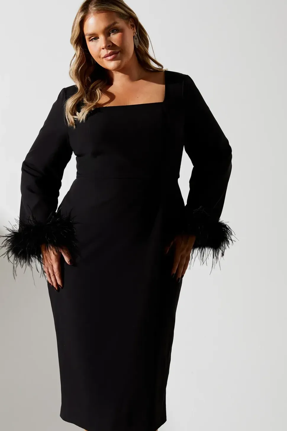 Plus Feather Cuff Long Sleeve Pencil Dress
