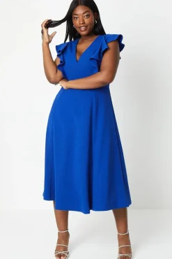 Plus Fit & Flare Midi Dress With V Neck & Ruffle