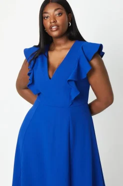 Plus Fit & Flare Midi Dress With V Neck & Ruffle