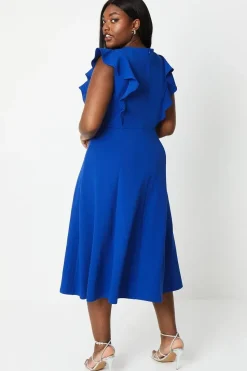 Plus Fit & Flare Midi Dress With V Neck & Ruffle