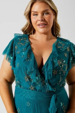 Plus Frill Wrap Front Embellished Midi Dress