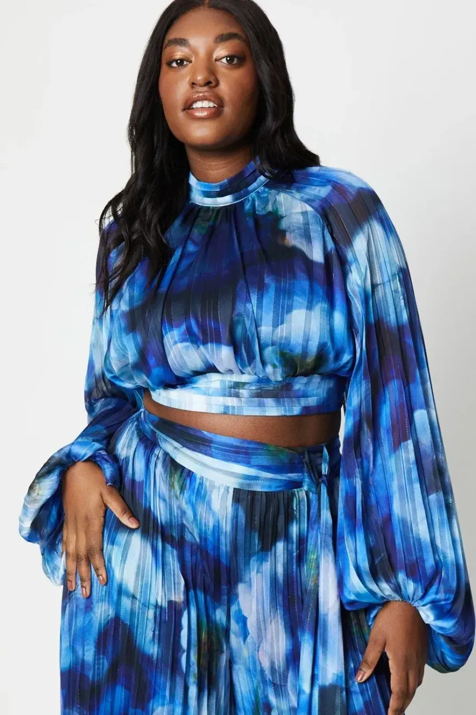 Plus Georgette High Neck Top With Blouson Sleeve