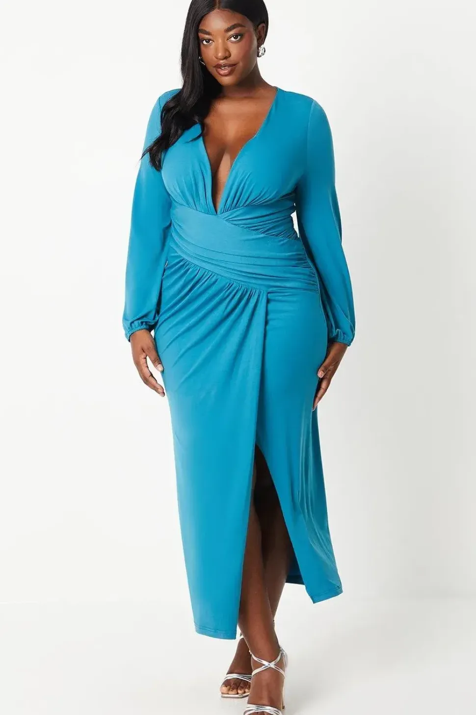 Plus Jersey Tie Wrap Front Long Sleeve Maxi Dress
