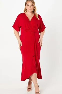Plus Jersey Wrap Front Midi With Ruffle