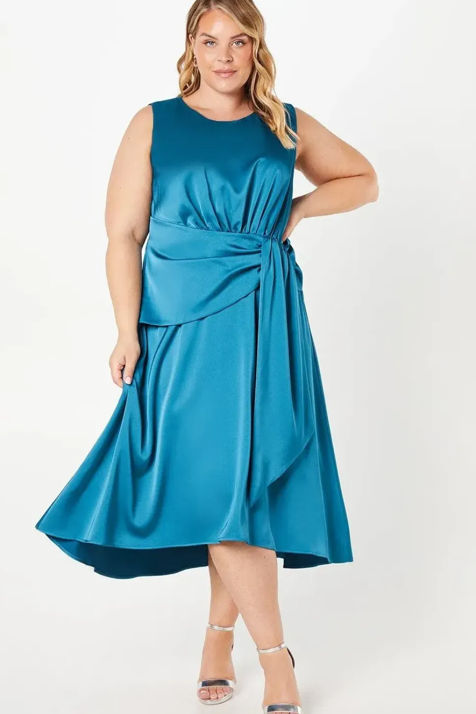 Plus Satin Tie Waist Detail Midi Wedding Guest Dress