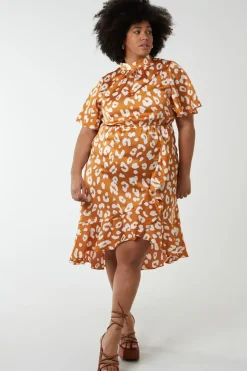 Plus Size Angel Sleeve Wrap Ruffle Midi Dress