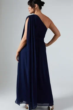 Plus Size Chiffon Drape Shoulder Maxi Bridesmaid Dress
