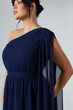 Plus Size Chiffon Drape Shoulder Maxi Bridesmaid Dress